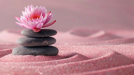 Wellness And Harmony : Zen stones, velvet sand and lotus flower on pink background with copy space.