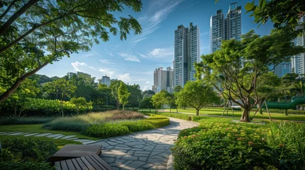 Foto op Plexiglas eco-friendly modern city landscape with natural green detailing trees and plant for reducing dioxide, © sambath
