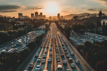 traffic in the city at night, golden hour, sunset, traffic jam at sunset in the city © Hanna