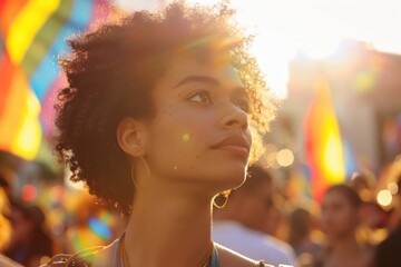 editorial photo, a 20 year old black lesbian, looking into the distance at pride festival. - obrazy, fototapety, plakaty