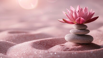 Wellness And Harmony : Zen stones, velvet sand and lotus flower on pink background with copy space.