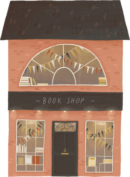 Beautiful antique book store facade illustration. Old book shop. World book day card. Cute and cozy book cafe house. Isolated, png clipart