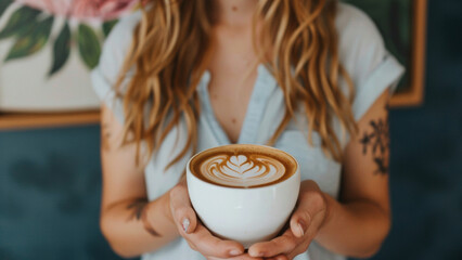 Tattooed hands presenting a perfect cup of cappuccino.