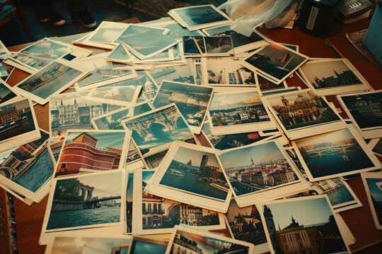 Many photos with images of famous places in different cities on the table, top view.