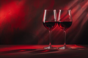Red wine in a glass on dark red and black background. Wineglasses. Romantic drink for party. wine shop or wine tasting concept. Hard light. Copy space