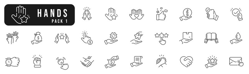 Set of hands line icons pack 1. Point, finger, book, handshake, document etc. Editable stroke