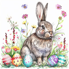 happy easter adorable bunny 2d hand drawing boho style surrounded by spring flowers and colorful easter eggs.