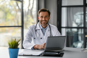 doctor working on laptop smiling at his office