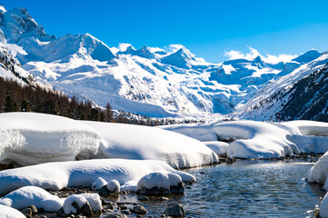 Val Roseg, in Engadine, Switzerland, in winter, with snow-covered cross-country ski slopes.