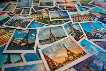 Fototapeta na wymiar Many photos with images of famous places in different cities on the table, top view.