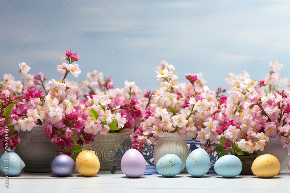 Poster a festive easter banner with a row of colorful eggs and spring flowers using a panoramic aspect rati