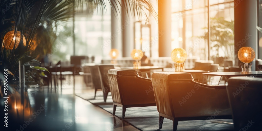 Poster room filled with tables and chairs in a business setting generative ai