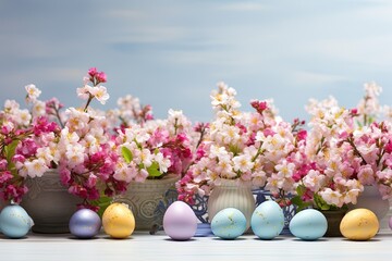 Obraz na płótnie Canvas A festive Easter banner with a row of colorful eggs and spring flowers using a panoramic aspect ratio and natural light.