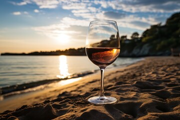 A glass of wine sitting on top of a sandy beach.