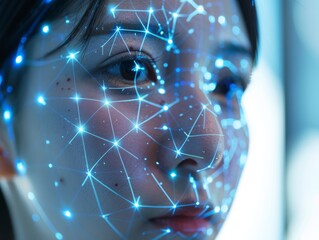 Digital of a woman's face with futuristic face technology, identity scanning, symbolizing futuristic concepts and biometrics.