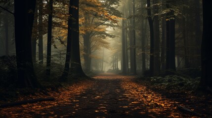 Moody forest with fallen autumn leaves