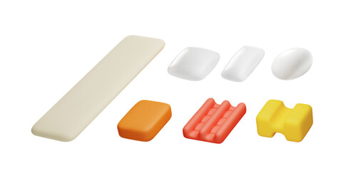 Realistic chewing gums in various shapes plate, pad pill, 3D vector set, mint, fruity or berry flavor bubble gum candies