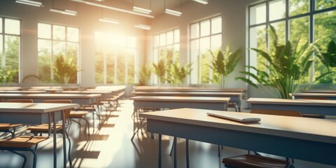 Empty Classroom With Desks and Chairs Generative AI