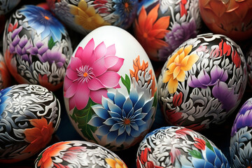 Generative ai on theme celebration holiday Easter with bright eggs are main accessory at abstract background - obrazy, fototapety, plakaty