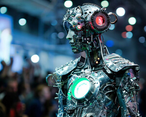 Fototapeta premium A fashion show where the models are robots adorned with outfits made entirely of recycled computer parts