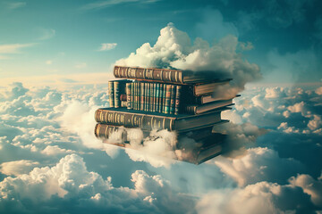 A floating library where books can fly - obrazy, fototapety, plakaty