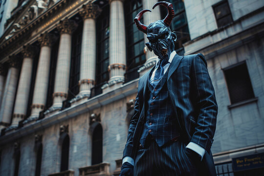 A demon in a bespoke suit charming the stock market with a flick of his forked tongue