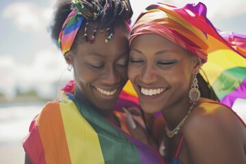 Gay Couple Of Happy Women Having A Tender Moment Holding Rainbow Flag Outdoors 
