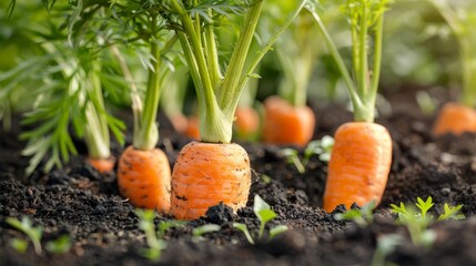Close-up of carrots in field, garden bed with carrots growing. 