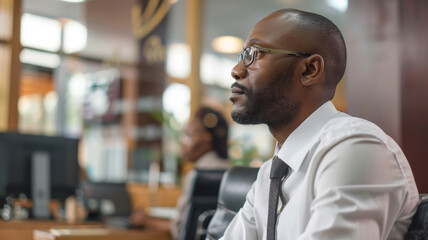 Focused businessman in a sleek office staring intently into the distance.