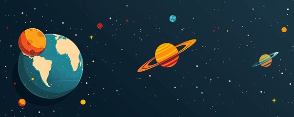 Earth planet orbit on solar system universe, moon, stars flat cartoon design,