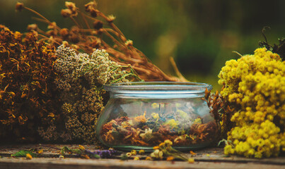 Dried medicinal herbs on the table. Selective focus.