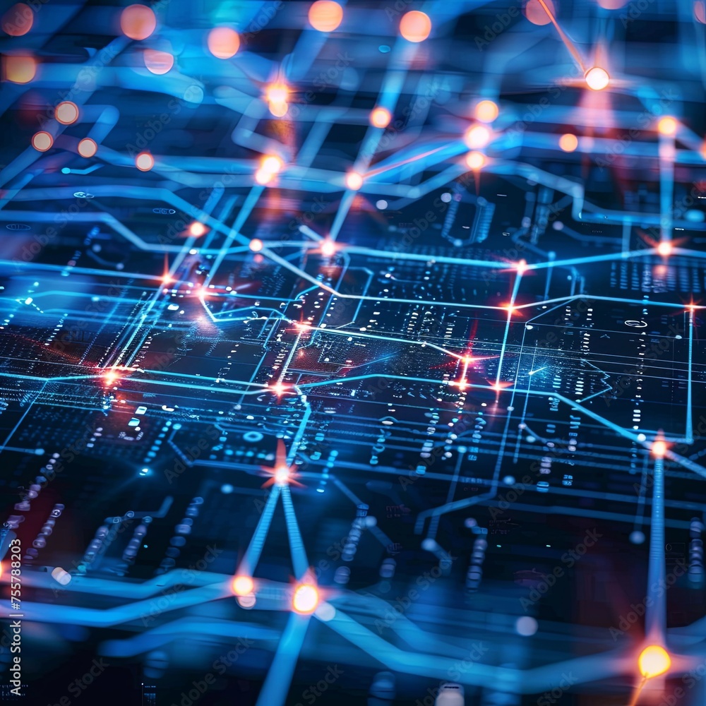 Poster complex circuit board with active data connections a close-up of a complex circuit board with illumi