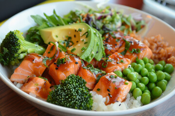 Poke bowl salad, nourishing dish consisting of a combination of salmon, avocado, broccoli, green peas, rice, and a side of fresh salad.