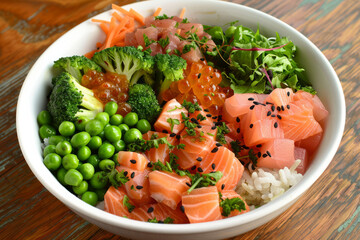 Poke bowl salad, nourishing dish consisting of a combination of salmon, avocado, broccoli, green peas, rice, and a side of fresh salad.