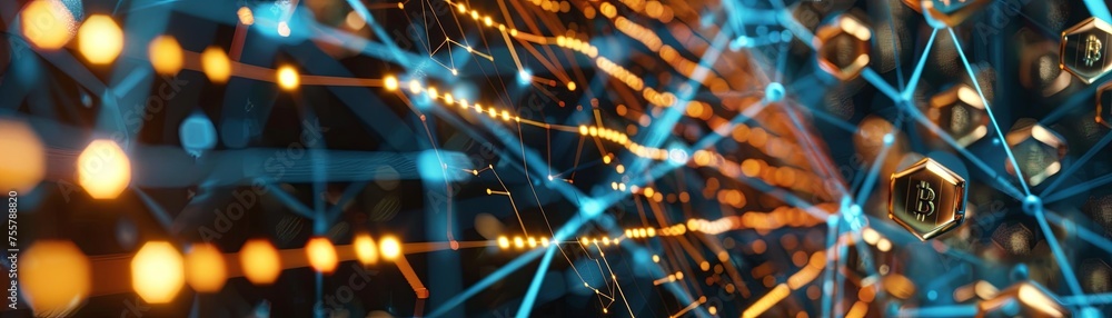 Poster intricate blockchain network with bitcoin cryptocurrency an intricate blockchain network featuring n