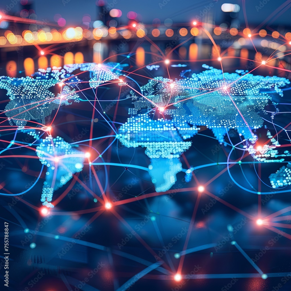 Poster illuminated global network map on cityscape background an illuminated map of global connections show