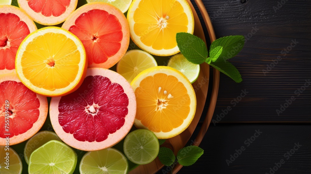 Poster a grapefruit segment creating a citrusy burst in a fruit platter