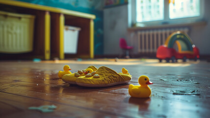 Lemon yellow slippers, adorned with tiny ducklings, lying forgotten on the parquet floor of a child's playroom. - obrazy, fototapety, plakaty