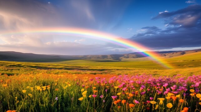 A rainbow forming above a field of blooming wildflowers