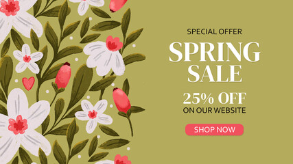Spring sale banner template with beautiful spring flower. Hand drawn illustration. Banners, flyers, invitation, posters, voucher discount.