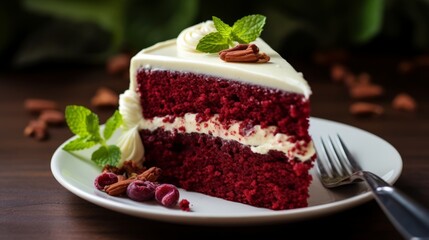 A slice of heavenly and decadent red velvet cake with cream cheese frosting