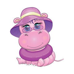 Hippopotamus cartoon character, wild animal in swimming ring, hat, summer is coming, hula dancer