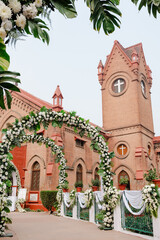 Interior of the church with decoration for wedding with candles light