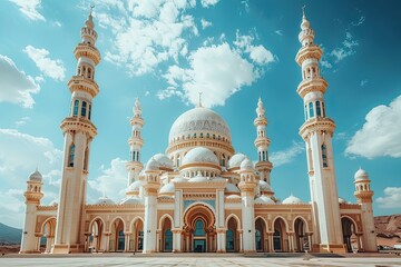 Fototapeta na wymiar A gorgeous architectural art of a white mosque for Ramadan or Eid