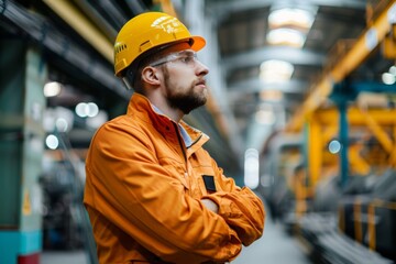 Portrait of Industry maintenance engineer man wearing uniform and safety hard hat on factory station. Industry. Engineer. construction concept. 