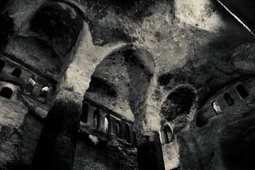Vaulted ceiling of subterranean monolithic church of Saint-Jean carved into a cliff, largest...