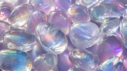 Pink clear hollagraphic effect beads arranged to create a sense of depth and texture. The stones are shiny and reflective, giving the appearance of shimmer