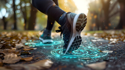 Person running with smart sneakers. Futuristic technology for motion tracking and biometrics.