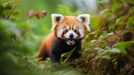 Adorable red panda in a bamboo grove