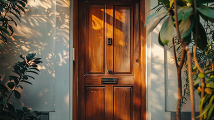 Closeup portrait of wooden entrance door in a modern minimalist home, plants in the side of the door, evening sunset with shadows, smart door lock concepts for modern houses